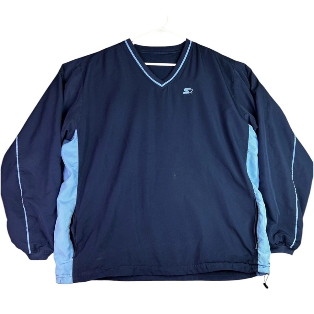 Vintage Starter LARGE Mens Navy Blue V-Neck Windbreaker Pullover Jacket 42-44